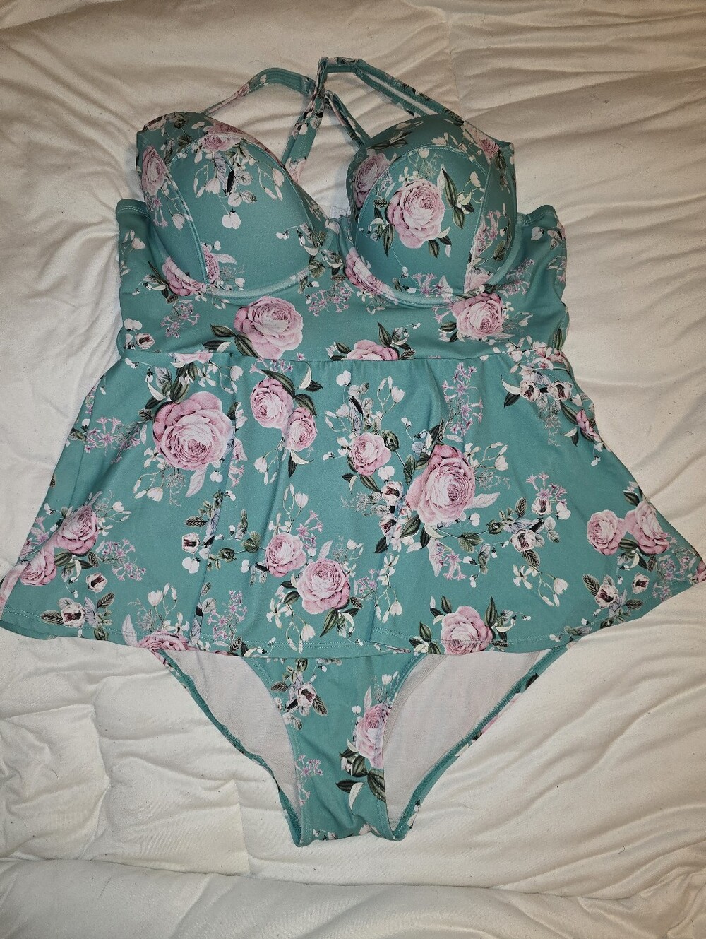 Torrid Mint Aqua Pink Rose Floral Peplum Underwire Tankini Swimsuit Set Size 2